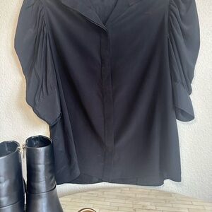 Frame Denim Black Button Down Blouse with Puff Sleeves